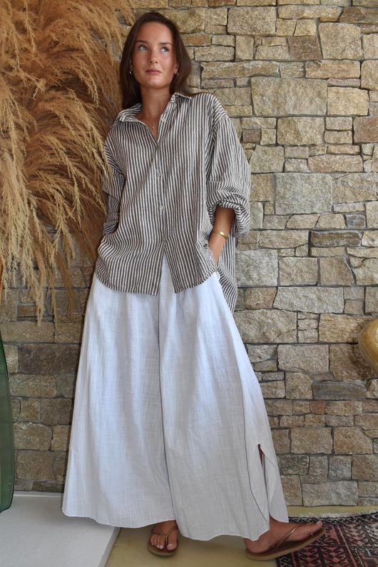 Sundaze Cheesecloth Chalk Stripe Boyfriend Shirt Mocha & White